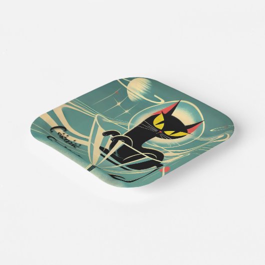 Atomfuturistic Space Age Black Cat Martini Pappteller (Gewinkelt)