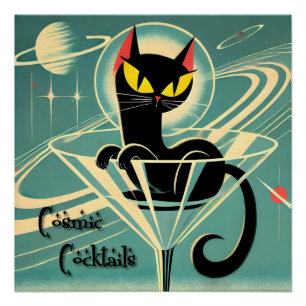 Atomfuturistic Space Age Black Cat Martini Poster
