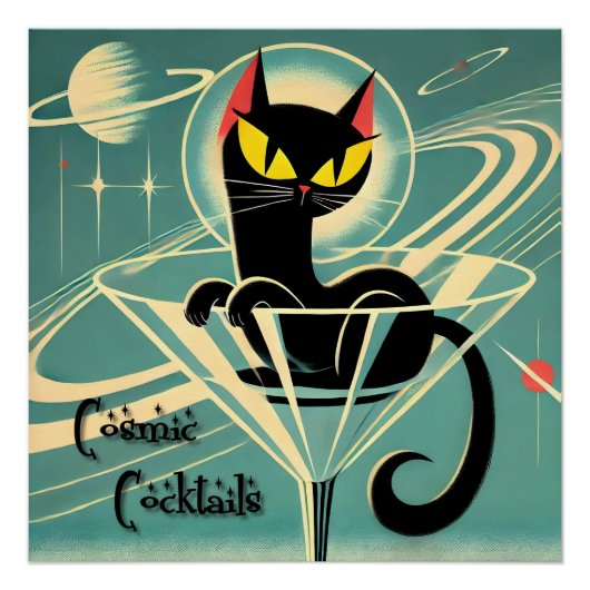 Atomfuturistic Space Age Black Cat Martini Poster (Vorderseite)