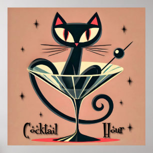 Atomfuturistic Space Age Black Cat Martini Poster