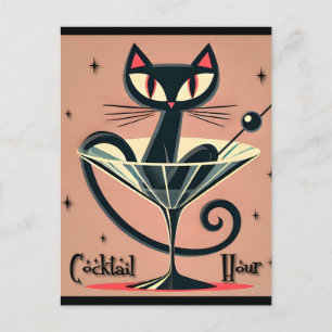 Atomfuturistic Space Age Black Cat Martini Postkarte