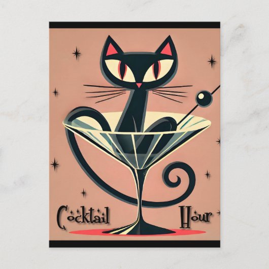 Atomfuturistic Space Age Black Cat Martini Postkarte (Vorderseite)