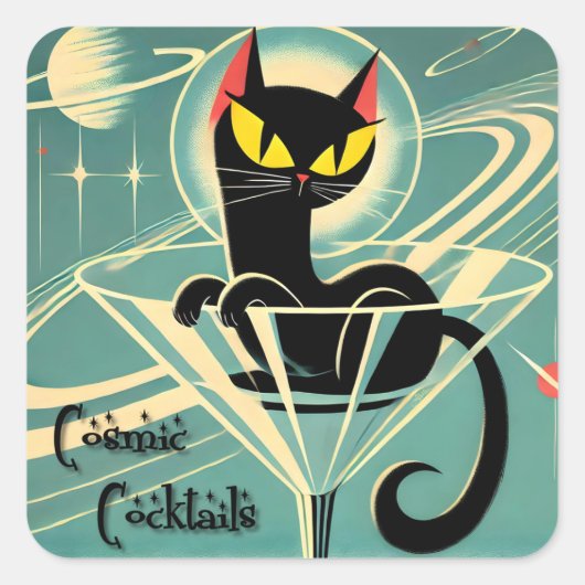 Atomfuturistic Space Age Black Cat Martini Quadratischer Aufkleber (Vorderseite)