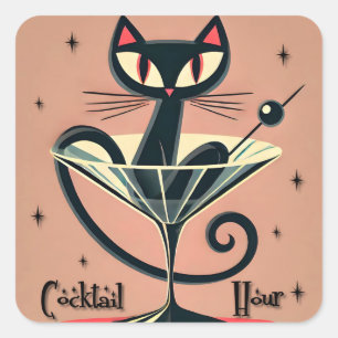 Atomfuturistic Space Age Black Cat Martini Quadratischer Aufkleber