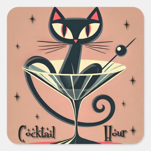 Atomfuturistic Space Age Black Cat Martini Quadratischer Aufkleber (Vorderseite)