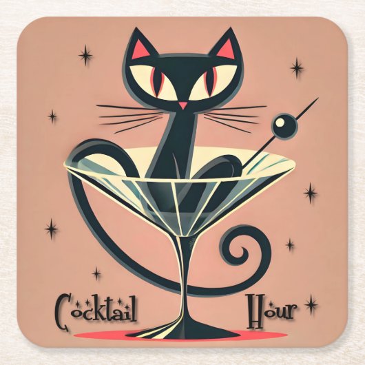 Atomfuturistic Space Age Black Cat Martini Rechteckiger Pappuntersetzer (Vorderseite)