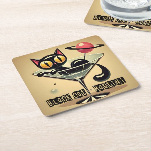 Atomfuturistic Space Age Black Cat Martini Rechteckiger Pappuntersetzer (angewinkelt)