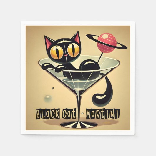 Atomfuturistic Space Age Black Cat Martini Serviette (Vorderseite)