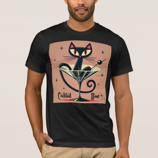 Atomfuturistic Space Age Black Cat Martini T-Shirt (Vorderseite)