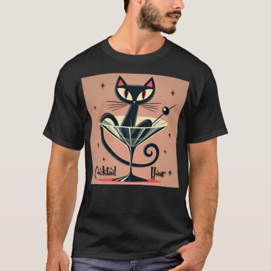 Atomfuturistic Space Age Black Cat Martini T-Shirt (Vorderseite)