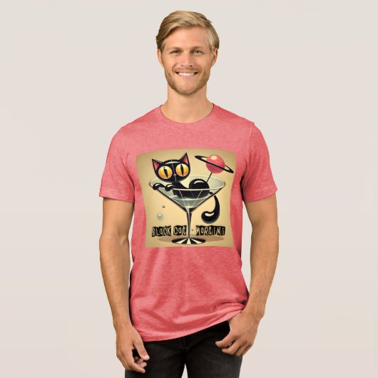 Atomfuturistic Space Age Black Cat Martini Tri-Blend Shirt (Vorderseite voll)