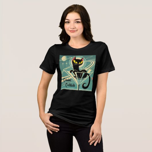 Atomfuturistic Space Age Black Cat Martini Tri-Blend Shirt (Vorderseite voll)