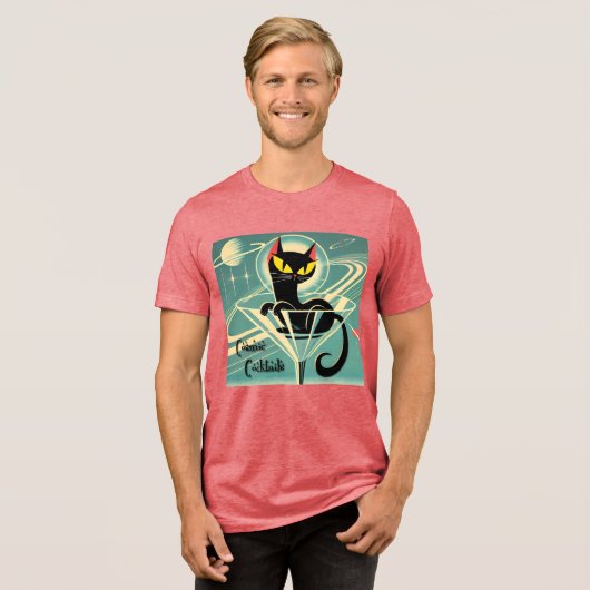 Atomfuturistic Space Age Black Cat Martini Tri-Blend Shirt (Vorderseite voll)