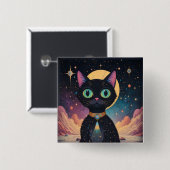 Atomfuturistische, kosmische schwarze Katze im Mon Button (Vorne & Hinten)