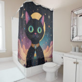 Atomfuturistische, kosmische schwarze Katze im Mon Duschvorhang (Beispiel)