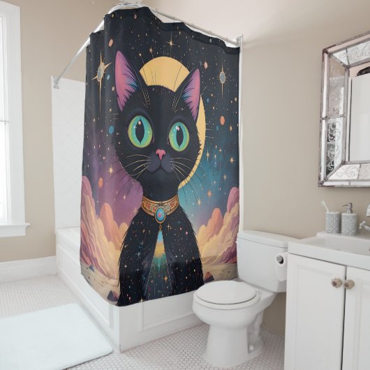 Atomfuturistische, kosmische schwarze Katze im Mon Duschvorhang (Beispiel)