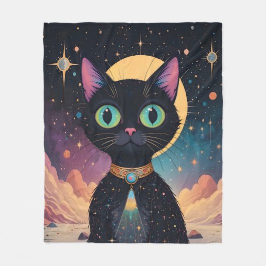 Atomfuturistische, kosmische schwarze Katze im Mon Fleecedecke (Vorderseite)