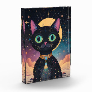 Atomfuturistische, kosmische schwarze Katze im Mon Fotoblock