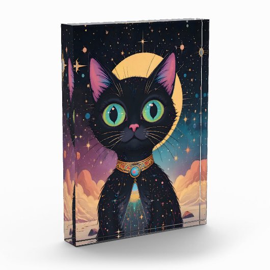 Atomfuturistische, kosmische schwarze Katze im Mon Fotoblock (Links)