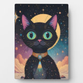 Atomfuturistische, kosmische schwarze Katze im Mon Fotoplatte (Vorderseite)