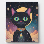 Atomfuturistische, kosmische schwarze Katze im Mon Fotoplatte (Vorderseite)