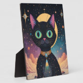 Atomfuturistische, kosmische schwarze Katze im Mon Fotoplatte (Seite)