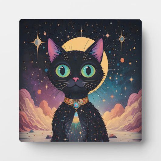 Atomfuturistische, kosmische schwarze Katze im Mon Fotoplatte (Vorderseite)