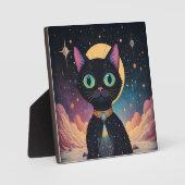 Atomfuturistische, kosmische schwarze Katze im Mon Fotoplatte (Vorderseite)