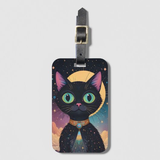 Atomfuturistische, kosmische schwarze Katze im Mon Gepäckanhänger (Vorderseite Vertikal)