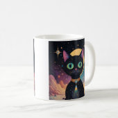 Atomfuturistische, kosmische schwarze Katze im Mon Kaffeetasse (VorderseiteRechts)