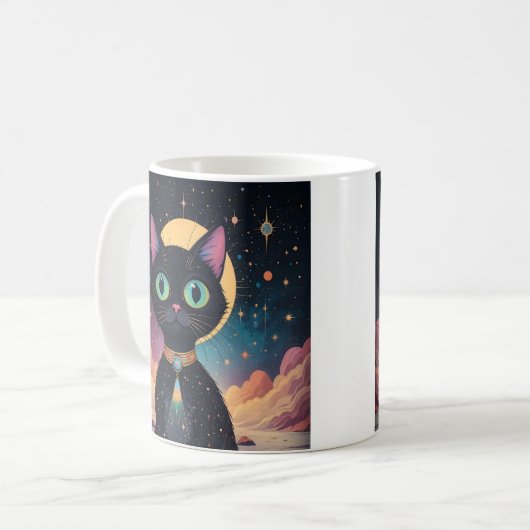 Atomfuturistische, kosmische schwarze Katze im Mon Kaffeetasse (Vorderseite Links)