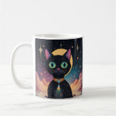 Atomfuturistische, kosmische schwarze Katze im Mon Kaffeetasse (Links)