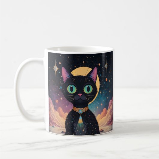 Atomfuturistische, kosmische schwarze Katze im Mon Kaffeetasse (Links)