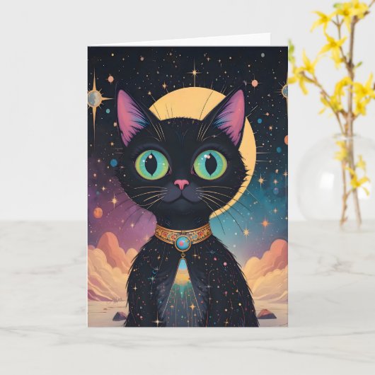 Atomfuturistische, kosmische schwarze Katze im Mon Karte (Gelbe Blume)