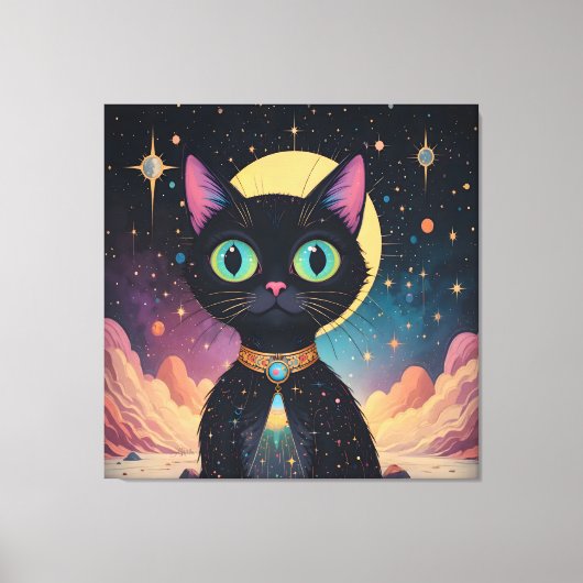Atomfuturistische, kosmische schwarze Katze im Mon Leinwanddruck (Vorderseite)