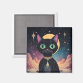 Atomfuturistische, kosmische schwarze Katze im Mon Magnet (Vorderseite/Rückseite)
