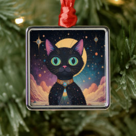 Atomfuturistische, kosmische schwarze Katze im Mon Ornament Aus Metall