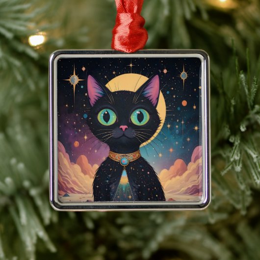 Atomfuturistische, kosmische schwarze Katze im Mon Ornament Aus Metall (Baum)
