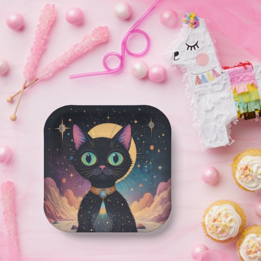 Atomfuturistische, kosmische schwarze Katze im Mon Pappteller (Party)