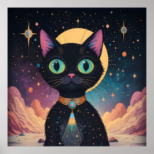 Atomfuturistische, kosmische schwarze Katze im Mon Poster