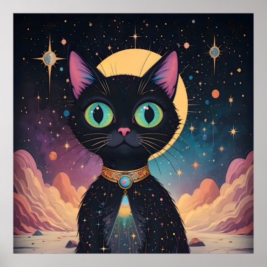Atomfuturistische, kosmische schwarze Katze im Mon Poster (Vorne)