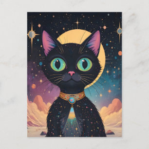 Atomfuturistische, kosmische schwarze Katze im Mon Postkarte