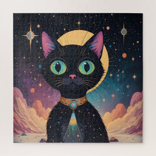 Atomfuturistische, kosmische schwarze Katze im Mon Puzzle (Vertikal)