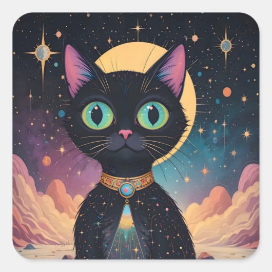 Atomfuturistische, kosmische schwarze Katze im Mon Quadratischer Aufkleber (Vorderseite)
