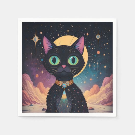 Atomfuturistische, kosmische schwarze Katze im Mon Serviette (Vorderseite)