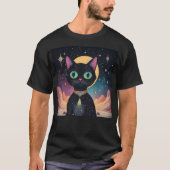 Atomfuturistische, kosmische schwarze Katze im Mon T-Shirt (Vorderseite)