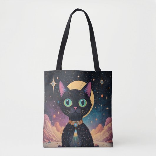 Atomfuturistische, kosmische schwarze Katze im Mon Tasche (Vorderseite)