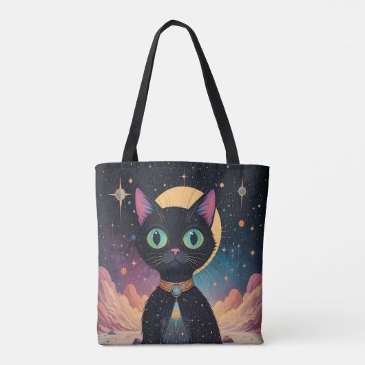 Atomfuturistische, kosmische schwarze Katze im Mon Tasche (Rückseite)