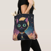 Atomfuturistische, kosmische schwarze Katze im Mon Tasche (Von Nahem)