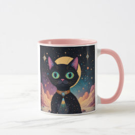 Atomfuturistische, kosmische schwarze Katze im Mon Tasse